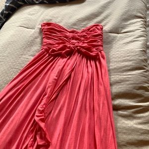 Strapless coral summer dress.